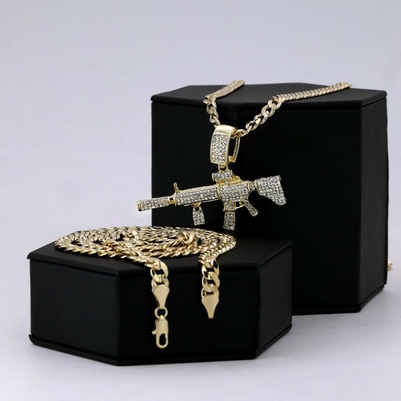 14k Gold Machine Gun Pendant and 24" Cuban Necklace